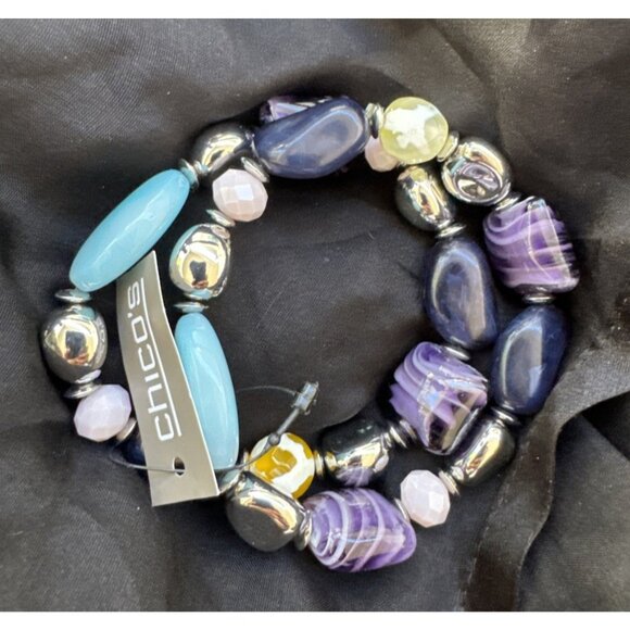 Chico's 2 PC Turquoise Blue Purple Silvertone Stretch Stackable Bracelet - NWT - Picture 1 of 16